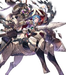1girl blue_hair bodysuit braid clenched_teeth crown_braid damaged drone essual_(layer_world) fire_emblem fire_emblem_heroes goggles goggles_on_head highres nintendo non-web_source official_alternate_costume official_art one_eye_closed polearm ponytail reginn_(fire_emblem) smoke solo teeth weapon