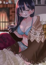 Rule 34 | 1girl, black hair, blanket, boku no kokoro no yabai yatsu, boyshort panties, bra, breasts, brown eyes, cleavage, drink, fireplace, food, highres, holding, holding drink, hot chocolate, indoors, large breasts, licking lips, long hair, sakurai norio, short shorts, shorts, solo, tagme, tongue, tongue out, underwear, yamada anna