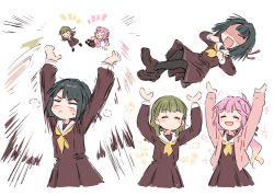 3girls :d ^_^ ahoge anyoji_hime black_hair black_pantyhose blonde_hair blunt_bangs blunt_ends bob_cut braid brown_dress brown_hair brown_shoes bullfalk closed_eyes constricted_pupils dress frown gradient_hair hasu_no_sora_school_uniform highres kachimachi_kosuzu link!_like!_love_live! loafers long_sleeves love_live! medium_dress momose_ginko multi-tied_hair multicolored_hair multiple_girls multiple_views neckerchief no_mouth open_mouth pantyhose pink_hair pleated_dress ponytail sailor_collar sailor_dress school_uniform shoes short_hair side_braids simple_background smile throwing throwing_person v-shaped_eyebrows virtual_youtuber white_background white_sailor_collar winter_uniform yellow_neckerchief