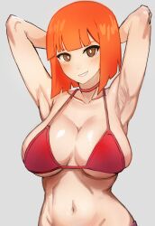 1girl absurdres armpits arms_behind_head bikini blush breasts cleavage eyebrows_hidden_by_hair grey_background groin highres hokkaido_usagi large_breasts looking_at_viewer mcdonald&#039;s mother_(yoru_mac) navel open_mouth orange_eyes presenting_armpit red_bikini simple_background smile solo stomach swimsuit toned underboob upper_body yoru_mac