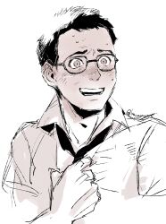 1boy blending blush clothes_grab collared_shirt commentary cropped_shoulders dead_by_daylight dwight_fairfield ear_blush english_commentary flustered furrowed_brow greyscale grin highres kawarayane looking_ahead loose_necktie male_focus monochrome necktie nervous_smile nose_blush portrait raised_inner_eyebrows round_eyewear shirt short_hair simple_background sketch smile solo_focus sweat tumblr_username very_short_hair white_background