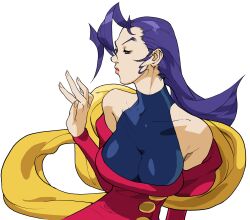 1girl ahoge bare_shoulders bengus breasts cleavage clothing_cutout dress from_side game_cg half-closed_eyes hand_up highres huge_ahoge large_breasts lipstick long_hair makeup non-web_source official_art portrait purple_hair red_dress rose_(street_fighter) shoulder_cutout simple_background solo street_fighter street_fighter_zero_(series) upper_body white_background