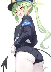 1girl armband ass black_tail blue_archive blue_armband commentary_request demon_tail ear_piercing eyes_visible_through_hair fang gloves green_hair green_halo halo hat ikachan_(norach57) loli long_hair looking_at_viewer nozomi_(blue_archive) pantyhose peaked_cap piercing pointy_ears sidelocks signature simple_background skin_fang solo tail train_conductor white_background white_gloves white_pantyhose
