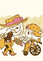 Rule 34 | 1other, 2boys, absurdres, beard, belt buckle, bridal gauntlets, buckle, cape, chibi, chibi only, commentary request, cowboy hat, facial hair, flat color, flower, goggles, goggles on headwear, gold teeth, grin, gyro zeppeli, hat, highres, holding, holding flower, hood, hood down, hoodie, horseshoe hat ornament, horseshoe ornament, johnny joestar, jojo no kimyou na bouken, limited palette, long hair, looking at another, m a a m 8, male focus, multiple boys, orange theme, short sleeves, sitting, smile, spurs, star (symbol), star print, steel ball run, sunflower, tusk (stand), tusk act1, wheelchair, wristband