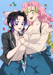 2girls alternate_costume bare_shoulders black_hair blue_background blue_skirt bow breasts collarbone commentary_request cowboy_shot food fruit fruit_background gradient_hair green_eyes green_hair hair_bow highres holding_hands kakefu_302 kanroji_mitsuri kimetsu_no_yaiba kochou_shinobu long_sleeves looking_at_viewer medium_breasts mole mole_under_eye multicolored_hair multiple_girls no_pupils off-shoulder_shirt off_shoulder one_eye_closed open_mouth parted_bangs pink_hair purple_eyes purple_hair shirt short_hair skirt sleeves_rolled_up smile strawberry two-tone_hair watermark
