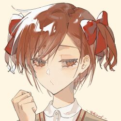 1girl a_huang bow brown_eyes brown_hair brown_vest buttons chinese_commentary clenched_hand collared_shirt colored_eyelashes commentary_request dress_shirt hair_bow half-closed_eyes hand_up highres light_blush looking_at_viewer o3o parted_lips red_bow shirai_kuroko shirt short_hair short_twintails signature simple_background solo sweater_vest toaru_majutsu_no_index twintails upper_body vest white_shirt yellow_background