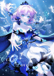 1girl absurdres air_bubble animal arknights bare_shoulders blue_dress blue_eyes blue_poison_(arknights) blue_poison_(nocturne_of_elysia)_(arknights) bubble closed_mouth commentary dress film_grain hair_intakes highres jellyfish light_blush looking_at_viewer medium_hair nulihuahuadeaifeng off_shoulder official_alternate_costume pink_hair smile solo underwater watermark white_dress