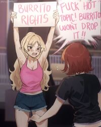 2girls ari_(class_of_09) black_shirt blonde_hair breasts class_of_09 cleavage denim denim_shorts derivative_work flying_sweatdrops hair_bun highres holding holding_sign jecka_(class_of_09) krissywaffles medium_hair multiple_girls navel open_mouth pink_shirt protest red_hair screenshot_redraw shirt short_sleeves shorts shouting sign sleeveless teeth twitter_username upper_teeth_only