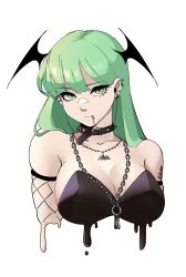 Rule 34 | 1girl, alternate costume, bat necklace, black collar, black leotard, collar, collarbone, commentary, ear piercing, elbow gloves, english commentary, fishnet gloves, fishnets, gloves, green eyes, green hair, hair behind ear, head tilt, head wings, highres, jewelry, leotard, lip piercing, liquid, long hair, looking at viewer, morrigan aensland, necklace, piercing, portrait, shinibun, solo, twitter username, darkstalkers, white background, wings