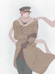 1boy absurdres axis_powers_hetalia bandaged_neck bandages bazubi black_gloves breast_pocket brown_coat buttons clenched_hand closed_mouth coat commentary_request cowboy_shot floating_clothes gloves green_hat green_jacket green_pants grey_hair hat hat_ornament highres holding_own_arm jacket lapels long_sleeves looking_to_the_side male_focus military_hat military_jacket military_uniform pants pocket red_eyes russia_(hetalia) scarf short_hair simple_background solo standing star_(symbol) star_hat_ornament white_background white_scarf