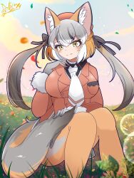 Rule 34 | 1girl, animal ears, brown hair, extra ears, fox ears, fox girl, fox tail, gloves, grey hair, hat, highres, island fox (kemono friends), jacket, kemono friends, kemono friends v project, kiryu (rnrwbhybsxj4qgk), looking at viewer, necktie, outdoors, pantyhose, ribbon, shirt, sitting, skirt, solo, tail, twintails, virtual youtuber, yellow eyes
