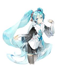 1girl aqua_hair aqua_nails aqua_neckwear black_skirt black_sleeves black_thighhighs blouse cowboy_shot hair_ribbon hand_up hatsune_miku hatsune_miku_(nt) highres layered_sleeves long_hair miniskirt nail_polish piapro_studio pleated_skirt ribbon see-through_clothes see-through_sleeves shirt sideways_glance skirt sleeveless sleeveless_shirt smile solo thighhighs twintails very_long_hair vocaloid white_background white_shirt white_sleeves yyb