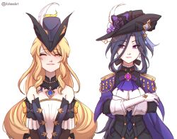 Rule 34 | 2girls, ^ ^, absurdres, asharaart, black bow, black corset, black dress, black hair, black headwear, blonde hair, blush, bow, breasts, cape, clorinde (genshin impact), closed eyes, commentary, corset, dress, english commentary, epaulettes, genshin impact, hair between eyes, hat, hat bow, hat feather, headwear switch, highres, long hair, looking to the side, medium breasts, multiple girls, navia (genshin impact), orange bow, purple bow, purple cape, purple eyes, smile, straight-on, tricorne, twitter username, very long hair, white background