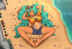 6+others anklet aqua_hair artist_name barefoot beach beach_umbrella beads bikini blue_shorts bracelet brazilian_flag brazilian_flag_print brazilian_miku breasts closed_eyes crop_top cutoffs dakunart day feet flag_print flower from_above full_body giant giantess hair_flower hair_ornament hatsune_miku head_rest hibiscus highres jewelry large_breasts long_hair lying midriff multiple_others narrow_waist navel necklace ocean on_back open_mouth outdoors paid_reward_available palm_tree pixiv_username revealing_clothes sand shirt shorts side-tie_bikini_bottom size_difference sleeping spread_legs sunglasses_on_head swimsuit tan tanline tree twintails umbrella unbuttoned very_long_hair vocaloid water yellow_shirt