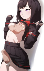 Rule 34 | 1girl, absurdres, armband, black choker, black gloves, black hair, black serafuku, blsh (blshwrks), blue archive, bow, bow panties, breasts, choker, clothes lift, commentary, disembodied hand, english commentary, fingerless gloves, gloves, grabbing another&#039;s breast, groping, hand in panties, highres, mashiro (blue archive), medium breasts, molestation, nipples, no bra, panties, purple eyes, red bow, school uniform, serafuku, shirt lift, short hair, simple background, underwear, white background, white panties
