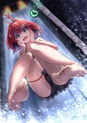 1girl absurdres alternate_costume amane_sora ange_katrina bare_arms bare_legs bare_shoulders barefoot bikini black_bikini blue_eyes commentary_request crying crying_with_eyes_open falling fat_mons feet floating_hair foreshortening frilled_bikini frills full_body hair_intakes hair_ornament hands_on_own_cheeks hands_on_own_face hands_up highres looking_at_viewer looking_down medium_hair navel nijisanji open_mouth red_hair scared solo splashing swimsuit tears teeth thigh_strap triangle_hair_ornament turn_pale upper_teeth_only virtual_youtuber water water_slide