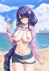 1girl absurdres alternate_costume arm_at_side bar_censor beach bikini blue_sky blush braid breasts breasts_out censored clothing_cutout cloud cloudy_sky commentary contemporary day drink drinking_straw female_pubic_hair flower functionally_nude genshin_impact hair_flower hair_ornament highres holding holding_drink hood hoodie judynoboken large_breasts legs_together long_hair long_sleeves low-braided_long_hair low-tied_long_hair mole mole_under_eye navel nipples no_bra ocean outdoors pubic_hair purple_bikini purple_eyes purple_hair pussy raiden_shogun revision sand ship short_shorts shorts single_braid sky smile solo standing stomach swimsuit thigh_cutout thighs very_long_hair watercraft wet