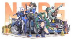 1boy 3girls android animal_ears bangboo_(zenless_zone_zero) black_hair blue_jacket car cat_boy cat_ears checkered_necktie crop_top full_body fur-trimmed_jacket fur_trim green_hair gun hairband high-waist_pants highres holding holding_gun holding_shield holding_weapon jacket long_hair metal_hairband motor_vehicle mouse_girl mouse_tail multicolored_hair multiple_girls necktie on_car orange_foxi pants pantyhose police police_uniform ponytail qingyi_(zenless_zone_zero) red_eyes red_streaks scar scar_on_arm seth_lowell shield short_hair smile streaked_hair tail torn_clothes torn_pantyhose twintails vest weapon white_hair zenless_zone_zero zhu_yuan