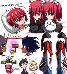3boys 4girls ? ahoge amate_yuzuriha antenna_hair apron arcueid_brunestud arrow_(symbol) black_bow black_hair blonde_hair blue_eyes blue_hair bow cat char_aznable commentary crossover dead_apostle_noel_(tsukihime) english_commentary english_text glasses gundam gundam_gquuuuuux haro highres hisui_(tsukihime) jacket kagetsu_tooya kohaku_(tsukihime) len_(cat)_(tsukihime) len_(tsukihime) maid maid_apron maid_headdress mask military military_uniform multiple_boys multiple_girls noel_(tsukihime) puffy_sleeves red_eyes red_hair red_jacket school_uniform short_hair shuji_ito siblings sisters sweater tohno_shiki tsukihime tsukihime_(remake) twins yellow_eyes zeon zeon132