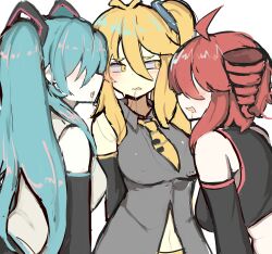 3girls absurdres after_kiss ahoge akita_neru blue_eyes detached_sleeves drill_hair hatsune_miku highres kasane_teto kasane_teto_(utau) m3link multiple_girls necktie red_hair saliva saliva_trail side_ponytail triple_baka_(vocaloid) twin_drills twintails utau yellow_eyes yuri