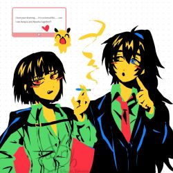 1boy 1girl :o black_coat black_eyes black_hair blue_eyes bob_cut cigarette coat coat_on_shoulders collared_shirt colored_skin green_shirt heterochromia high_ponytail holding holding_cigarette hong_lu_(project_moon) limbus_company long_hair long_sleeves looking_at_viewer marshmallow_(site) necktie open_mouth pointing ponytail project_moon red_eyes red_necktie ryoshu_(project_moon) shirt simple_background upper_body vancho_vakurets white_background yellow_skin