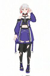 Rule 34 | 1girl, alternate costume, ampere (love live!), aoi (byb babylon), bare shoulders, black shirt, black thighhighs, blue coat, blue shoes, blue skirt, bob cut, coat, colored inner hair, commentary, corrupted twitter file, diagonal bangs, fishnet pantyhose, fishnets, full body, grey hair, hair ornament, hashtag-only commentary, highres, inverted bob, link! like! love live!, looking at viewer, love live!, midriff, miniskirt, multicolored hair, navel, o-ring, off-shoulder coat, off shoulder, open clothes, open coat, pantyhose, pleated skirt, red hair, shirt, shoes, short hair, simple background, skirt, sleeveless, sleeveless shirt, solo, star (symbol), star hair ornament, streaked hair, tachi-e, thighhighs, torn clothes, torn thighhighs, virtual youtuber, white background, yugiri tsuzuri
