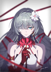 Rule 34 | 1girl, absurdres, artist name, bandage over one eye, bare shoulders, blood, bloody tears, blue eyes, blurry, blurry background, blurry foreground, closed mouth, commentary request, dao qie, depth of field, earrings, flower, grey hair, hair flower, hair ornament, hand up, highres, holding, holding flower, jewelry, long hair, looking at viewer, phrolova (wuthering waves), solo, spider lily, straight-on, tacet mark (wuthering waves), upper body, white background, white flower, wuthering waves