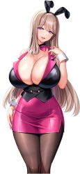 1girl absurdres animal_ear_hairband animal_ears arm_at_side arm_up black_hairband black_pantyhose black_vest bow bowtie breasts brown_hair chichizaki_suina cleavage covered_navel derauea earrings fake_animal_ears game_cg hairband high-waist_skirt highres hoop_earrings huge_breasts jewelry light_blush long_hair looking_at_viewer motto!_haramase!_honoo_no_oppai_isekai_oppai_bunny_gakuen! non-web_source nontraditional_playboy_bunny official_art open_mouth pantyhose pencil_skirt pink_bow pink_bowtie pink_skirt purple_eyes rabbit_ear_hairband rabbit_ears skirt smile solo standing tachi-e transparent_background vest white_wrist_cuffs wrist_cuffs