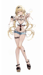 1girl bikini bikini_under_shorts black_choker black_hairband black_nails black_sandals black_scrunchie blonde_hair blush breasts choker cleavage commentary_request denim denim_shorts double_v eyewear_hang full_body gyaru_v hair_ornament hairband hairclip heart heart-shaped_eyewear high_heel_sandals highres jewelry kaminari_qpi knees_together_feet_apart lace lace-trimmed_bikini lace_thigh_strap lace_trim large_breasts light_blush long_hair looking_at_viewer micro_shorts nail_polish necklace o-ring o-ring_choker open_clothes open_fly open_shorts parted_lips ring sandals scrunchie shia_job shorts side-tie_bikini_bottom solo sunglasses swimsuit thigh_strap toenail_polish toenails twitter_username unworn_eyewear v very_long_hair virtual_youtuber vspo! wrist_scrunchie yellow_eyes