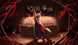 1girl absurdres black_hair blue_kimono bob_cut candle closed_mouth coat forest_for_the_flames_(e.g.o) full_body highres holding holding_sword holding_weapon japanese_clothes kimono limbus_company long_sleeves ootachi project_moon ranya_(artiraia) red_eyes ryoshu_(project_moon) sandals short_hair solo striped_coat sword weapon white_coat wide_sleeves window
