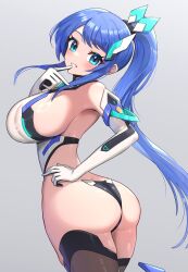 1girl absurdres alyssa_(specktech) ass blue_eyes blue_hair blush breasts brown_thighhighs commission elbow_gloves from_behind gloves gonzarez grey_background grin highres large_breasts long_hair looking_at_viewer original second-party_source side_ponytail simple_background smile solo symbol-shaped_pupils teeth thighhighs very_long_hair white_gloves