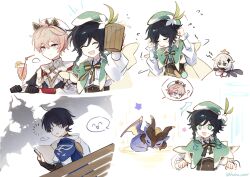 3boys absurdres ahoge beer_mug beret black_gloves black_hair braid cape closed_mouth cup dahlia_(genshin_impact) dragon dragon_boy drink flower genshin_impact gloves gradient_hair green_eyes hair_between_eyes hair_ornament hat highres huhu_norii long_sleeves male_focus mini_durin_(dragon)_(genshin_impact) mini_durin_(genshin_impact) mug multicolored_hair multiple_boys open_mouth paimon_(genshin_impact) pink_hair purple_eyes shadow shirt short_hair short_hair_with_long_locks simple_background smile twin_braids upper_body venti_(genshin_impact) white_background white_flower white_hat white_shirt