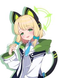 1girl :3 :d absurdres animal_ear_headphones animal_ears black_jacket black_tail blonde_hair blue_archive blue_necktie blush bow buttons cat_ear_headphones cat_ears cat_tail collared_shirt commentary_request drop_shadow fake_animal_ears fake_tail green_bow green_halo green_jacket hair_bow halo hand_up headphones highres hood hood_down hooded_jacket jacket kou_illust_act2 long_sleeves looking_at_viewer low-tied_sidelocks midori_(blue_archive) multicolored_jacket necktie open_clothes open_jacket open_mouth parted_bangs school_uniform shirt short_hair short_necktie sidelocks simple_background smile solo tail tail_bow tail_ornament unbuttoned unbuttoned_jacket upper_body white_background white_jacket white_shirt wide_sleeves