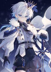 1boy absurdres bad_link belt black_gloves blue_eyes bow bowtie brooch cape crown epaulets feathers fur_collar gloves hair_ornament highres holding holding_sword holding_weapon jewelry messy_hair military_uniform namiki_itsuki night original short_hair shorts sky snow solo star_(sky) starry_sky sword weapon white_hair