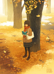 1girl autumn bag black_boots black_pantyhose book boots brown_coat brown_eyes brown_hair coat ginkgo_leaf ginkgo_tree green_skirt handbag highres holding holding_book leaf original pantyhose plaid_clothes plaid_skirt reading red_scarf scarf skirt solo standing taizo_(taizo_03) tree