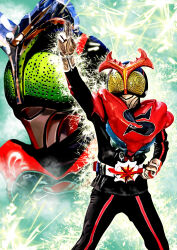 1boy 4ze_meteor absurdres arm_up armor beetle beetle_horn black_bodysuit bodysuit bug clenched_hand compound_eyes cowboy_shot electrer gloves green_eyes hand_on_own_hip highres insect kamen_rider kamen_rider_stronger kamen_rider_stronger_(series) kamen_rider_stronger_charge_up male_focus multicolored_armor red_armor rider_belt sparks standing white_gloves
