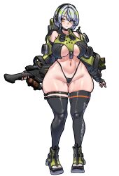 1girl absurdres anby_demara backpack bag bare_shoulders black_choker black_gloves black_jacket black_panties black_thighhighs braid breasts choker closed_mouth collarbone crop_top crop_top_overhang detached_sleeves fingerless_gloves full_body gloves green_jacket green_shoes grey_hair headphones highleg highleg_panties highres holding holding_sword holding_weapon jacket large_breasts long_sleeves looking_to_the_side mold_(pixiv6616319) multicolored_jacket navel orange_eyes panties revealing_clothes shoes short_hair side_braid simple_background skindentation sneakers solo standing sword thick_thighs thigh_strap thighhighs thighs two-tone_jacket underwear weapon white_background zenless_zone_zero