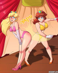 Rule 34 | 2girls, ass, assentlov, blonde hair, blue eyes, blush, breasts, brown hair, cleavage, crown, earrings, flipped hair, flower earrings, gloves, grin, high heels, jewelry, legs, lingerie, long hair, looking to the side, mario (series), multiple girls, nintendo, princess daisy, princess peach, sexually suggestive, shiny skin, smile, spanked, spanking, underwear