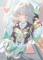 1girl absurdres aqua_dress aqua_thighhighs black_jacket blush bridal_gauntlets cellphone collared_dress cropped_jacket dress firefly_(honkai:_star_rail) frilled_sleeves frills green_pupils grey_hair hair_between_eyes hair_intakes hairband hand_on_own_chin heart highres holding holding_phone honkai:_star_rail honkai_(series) hua_(yijing) jacket long_sleeves multicolored_eyes open_mouth phone single_bridal_gauntlet smartphone smile solo thighhighs white-framed_eyewear