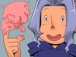 1boy 1girl blue_hood closed_mouth cloud commentary_request curtained_hair grey_background hood hood_down kumoi_ichirin lips medium_hair onikobe_rin purple_eyes purple_hair simple_background smile touhou unzan upper_body