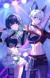 2girls absurdres aqua_ribbon black_hair black_horns black_pants black_shirt black_tail breasts choker cleavage cleavage_cutout closed_mouth clothing_cutout collarbone colored_inner_hair commentary_request crop_top cropped_jacket curled_horns female_rover_(wuthering_waves) grey_hair hair_between_eyes hair_ribbon hands_up highres holding holding_microphone horns jacket large_breasts long_hair looking_at_viewer microphone midriff multicolored_hair multiple_girls mutii navel o-ring o-ring_choker official_alternate_costume pants red_eyes ribbon rover_(wuthering_waves) shirt skirt smile stomach tail thighs white_jacket white_skirt wuthering_waves yellow_eyes zani_(wuthering_waves)