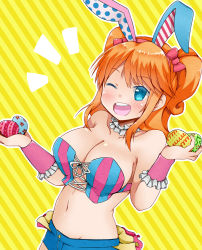 1girl animal_ears artist_request bikini bikini_top_only blue_eyes blush breasts character_name collar denim denim_shorts easter easter_egg egg female_focus food frills girlfriend_(kari) high_heels highres holding holding_food indoors large_breasts one_eye_closed open_mouth orange_hair rabbit_ears sagara_emi shorts skirt smile striped_background swimsuit tagme teeth thighhighs two_side_up upper_teeth_only wink yellow_background
