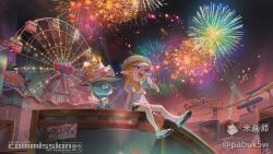 1girl aerial_fireworks amusement_park birthday_cake black_shorts blonde_hair boater_hat cake candle collared_shirt colored_tongue commission dolphin_shorts dress_shirt ferris_wheel fireworks food full_body hat highres holding holding_plate inkling inkling_girl inkling_player_character jellyfish_(splatoon) long_hair nintendo outdoors pabuk5w plate pointy_ears purple_eyes shirt shoes shorts sitting smile splatoon_(series) straw_hat tentacle_hair white_shirt white_shoes yellow_hat yellow_tongue