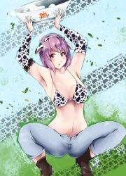absurdres animal_ears animal_print arato_hisako armpits arms_up bikini bucket cow_ears cow_horns cow_print cow_print_bikini denim detached_sleeves flatpancakesjim highres holding holding_bucket horns jeans milk open_pants outdoors pants pink_hair print_bikini shokugeki_no_souma short_hair simple_background sitting sleeveless squatting swimsuit