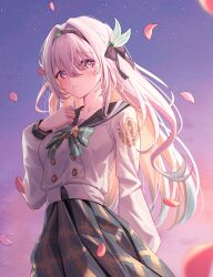 1girl absurdres black_bow black_hairband black_sailor_collar blue_eyes blue_pupils blush bow bowtie breasts buttons collarbone commentary double-breasted firefly_(honkai:_star_rail) firefly_(spring_missive)_(honkai:_star_rail) gradient_hair green_bow green_bowtie green_hair grey_hair grey_skirt hair_between_eyes hair_bow hair_intakes hairband hand_up highres honkai:_star_rail honkai_(series) long_hair long_sleeves looking_at_viewer medium_breasts multicolored_eyes multicolored_hair official_alternate_costume parted_lips pink_petals plaid_clothes plaid_skirt purple_eyes purple_sky sailor_collar school_uniform serafuku shijihuakai shirt skirt sky solo two-tone_eyes very_long_hair white_shirt