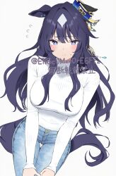 1girl adversarial_noise alternate_costume anchor_symbol animal_ears blue_eyes blue_hair blue_pants blue_tail bluesky_username blush breasts breasts_squeezed_together bright_pupils casual closed_mouth commentary copyright_notice cowboy_shot denim diamond_(shape) ear_covers ear_ornament ear_piercing ears_down flying_sweatdrops hair_between_eyes hands_on_own_thighs highres horse_ears horse_girl horse_tail jeans large_breasts light_smile long_hair long_sleeves mole mole_under_eye pants piercing ribbed_sweater sidelocks simple_background single_ear_cover sitting sleeves_past_wrists solo sweatdrop sweater sweater_tucked_in tail turtleneck turtleneck_sweater umamusume verxina_(umamusume) white_background white_pupils white_sweater yamano_rokamizu
