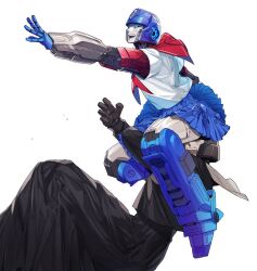 2boys autobot blue_eyes clothed_robot crossdressing d-16_(transformers_one) ddaroll mecha megatron multiple_boys no_humans open_mouth optimus_prime robot school_uniform science_fiction serafuku skirt smile transformers transformers_one