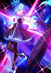 1girl :d ahoge back_bow backless_dress backless_outfit bare_shoulders black_dress black_gloves black_pantyhose blue_bow blue_eyes blue_fire blue_hair bow breasts breasts_apart c.i.e.l_(fate) c.i.e.l_(third_ascension)_(fate) ciel_(tsukihime) diffraction_spikes dress fate/grand_order fate_(series) fire floating_hair floating_headgear frilled_dress frills game_cg gloves hair_between_eyes hair_ornament halterneck hands_up headgear high_heels layered_dress leg_up looking_at_viewer medium_breasts official_art open_mouth outstretched_arms pantyhose pyrokinesis shoes short_dress short_hair sleeveless sleeveless_dress smile solo space sparkle star_(sky) starry_sky_background takeuchi_takashi third-party_source train_(clothing) white_shoes