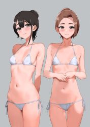2girls bikini black_hair brown_hair kinomiki multiple_girls navel simple_background smile swimsuit tagme