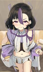 1girl black_hair blush commission earrings eyelashes goddess_of_victory:_nikke hair_ribbon highres jacket jewelry looking_at_viewer midriff miniskirt multicolored_hair open_clothes open_jacket pill pill_bottle purple_eyes purple_hair ribbon skeb_commission skirt solo streaked_hair sweat syhan syuen_(nikke)